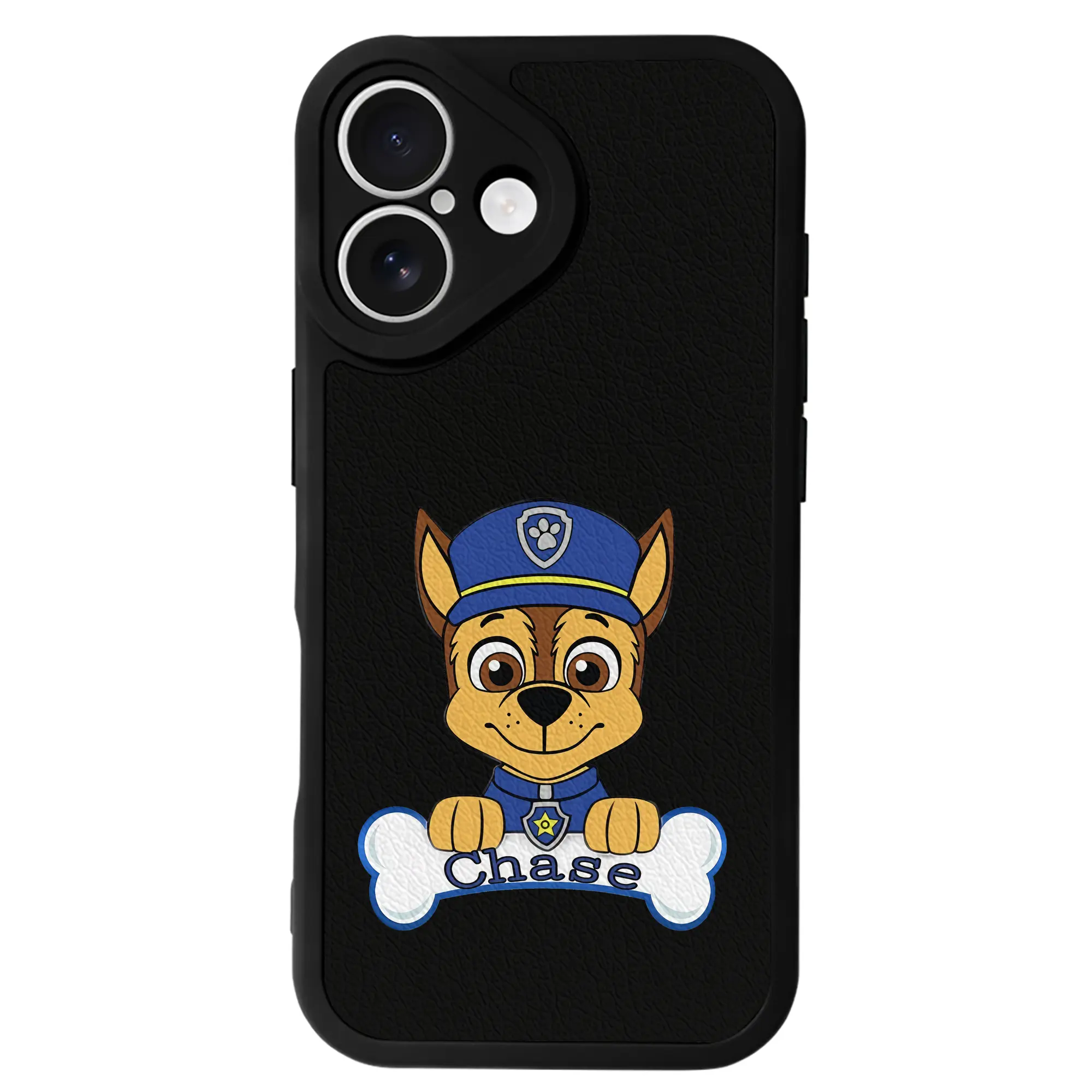 パウ・パトロール グッズ チェイス - IPhone 16シリーズ対応 ・ シリコンスマホケース ・ レザー調 ・ 高精度フィット ・ 耐衝撃 ・ ワイヤレス充電対応 ・ 精密カット